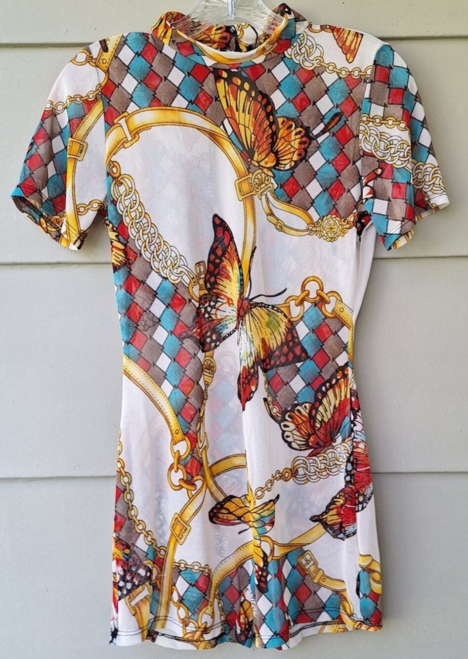 Vintage inc USA Y2K Mesh Sheer Romper Butterflies Chains Fits Size S Festival